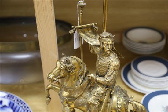 A bronze knight on a horseback lamp, overall height 53cm